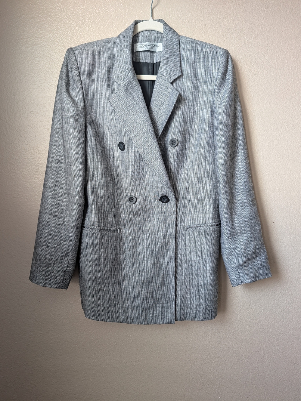 Vintage Amanda Smith Pure Linen Herringbone Double Breasted Oversized Blazer 6